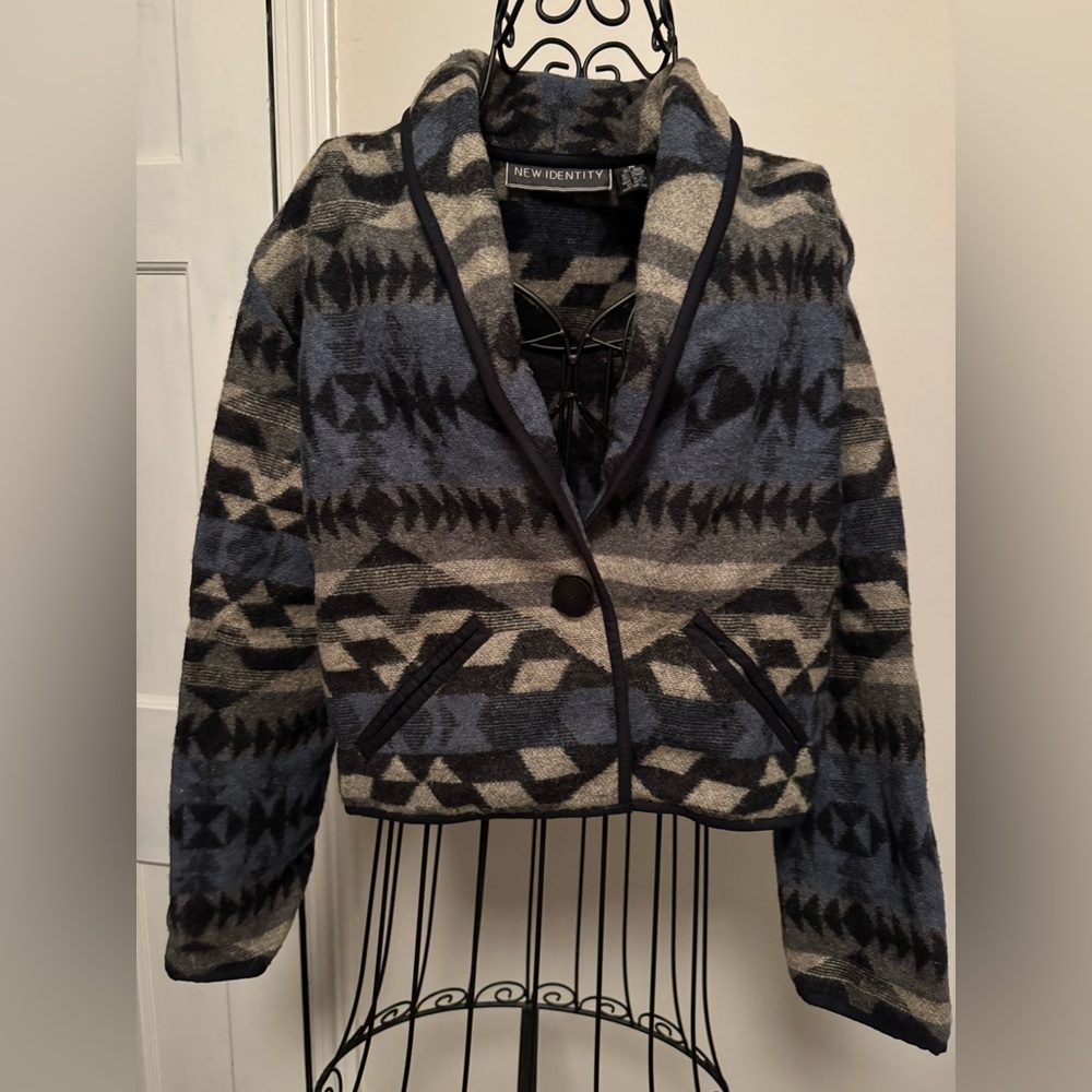 Boutique Aztec Blue and Gray Patterned Jacket - wool & cotton blend